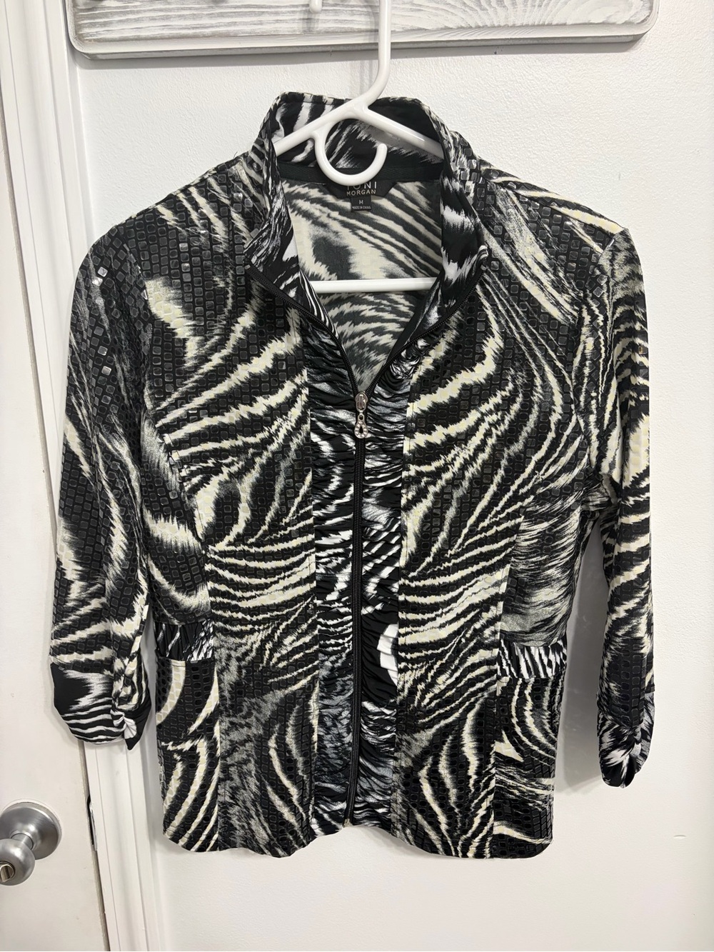 Toni Morgan Sequin Zebra-Print Zip Front Blazer Jacket